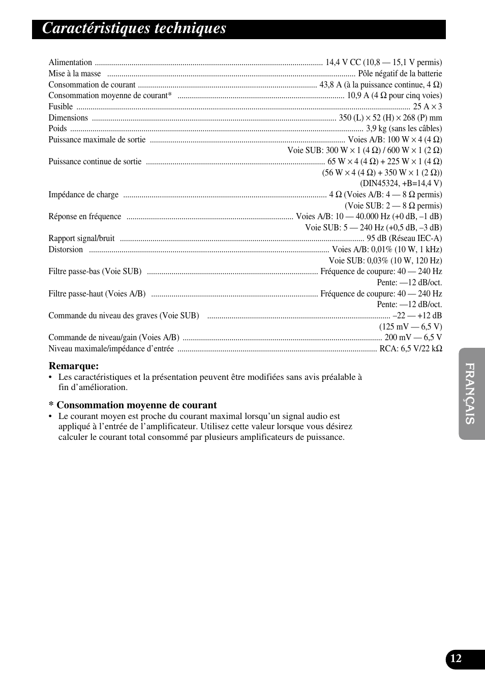 Caractéristiques techniques | Pioneer GM-D515 User Manual | Page 49 / 74