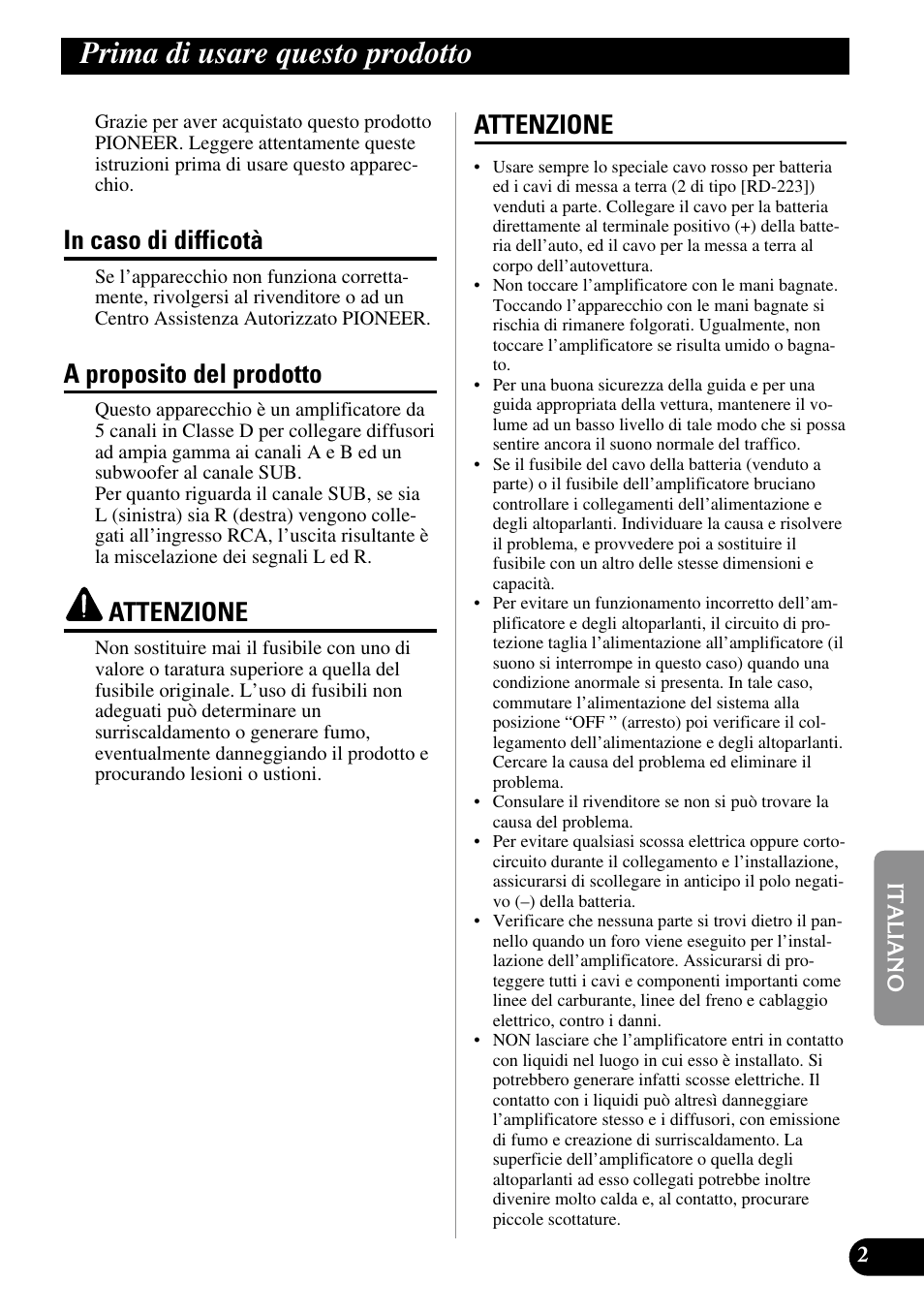 Prima di usare questo prodotto, A proposito del prodotto, Attenzione | Pioneer GM-D515 User Manual | Page 51 / 74