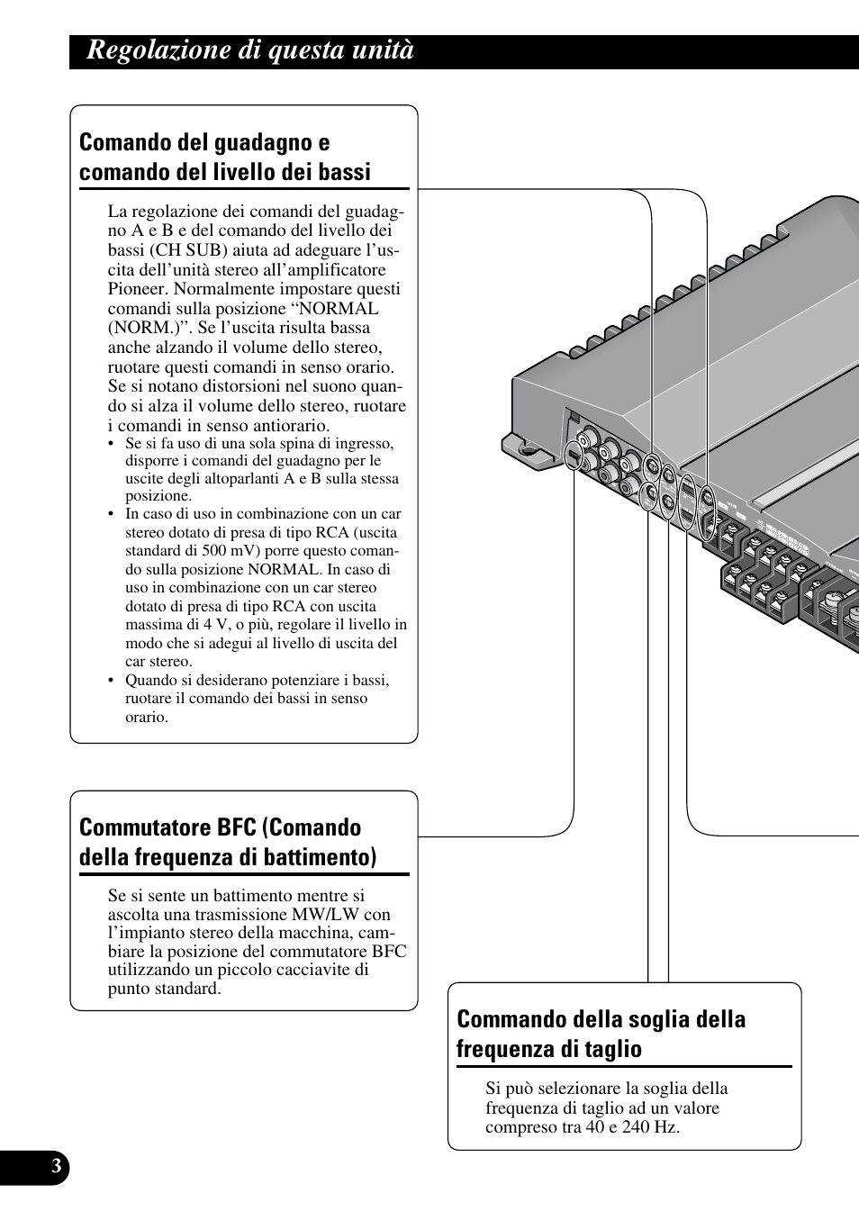 Regolazione di questa unità, Comando del guadagno e comando del, Livello dei bassi | Commutatore bfc (comando della frequenza, Di battimento), Commando della soglia della, Frequenza di taglio, Commando della soglia della frequenza di taglio | Pioneer GM-D515 User Manual | Page 52 / 74