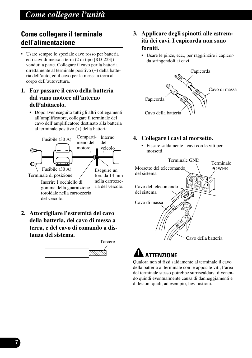 Come collegare il terminale, Dell’alimentazione, Come collegare l’unità | Come collegare il terminale dell’alimentazione | Pioneer GM-D515 User Manual | Page 56 / 74