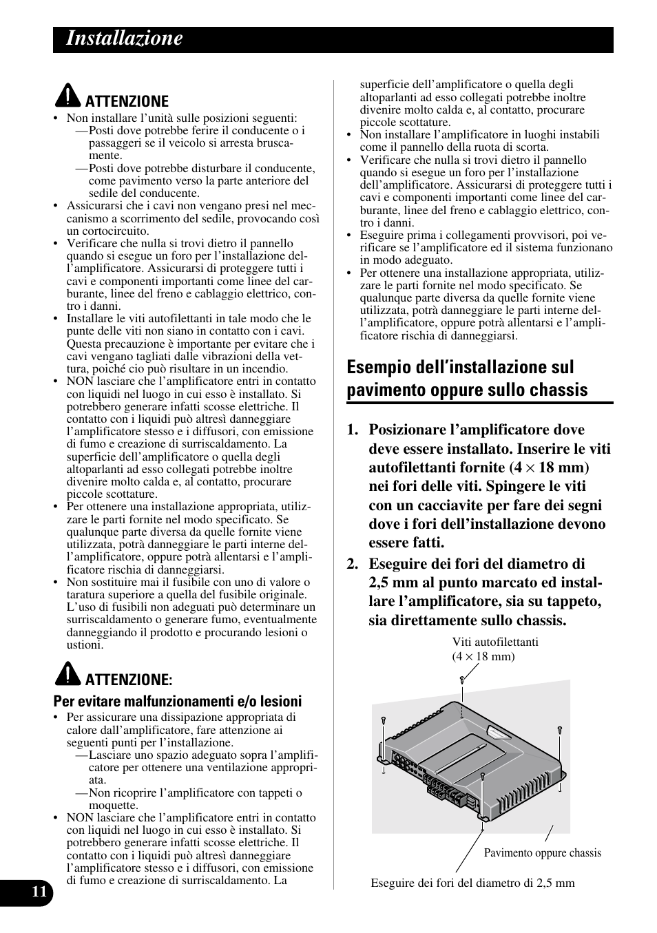 Installazione, Esempio dell’installazione sul pavimento, Oppure sullo chassis | Pioneer GM-D515 User Manual | Page 60 / 74
