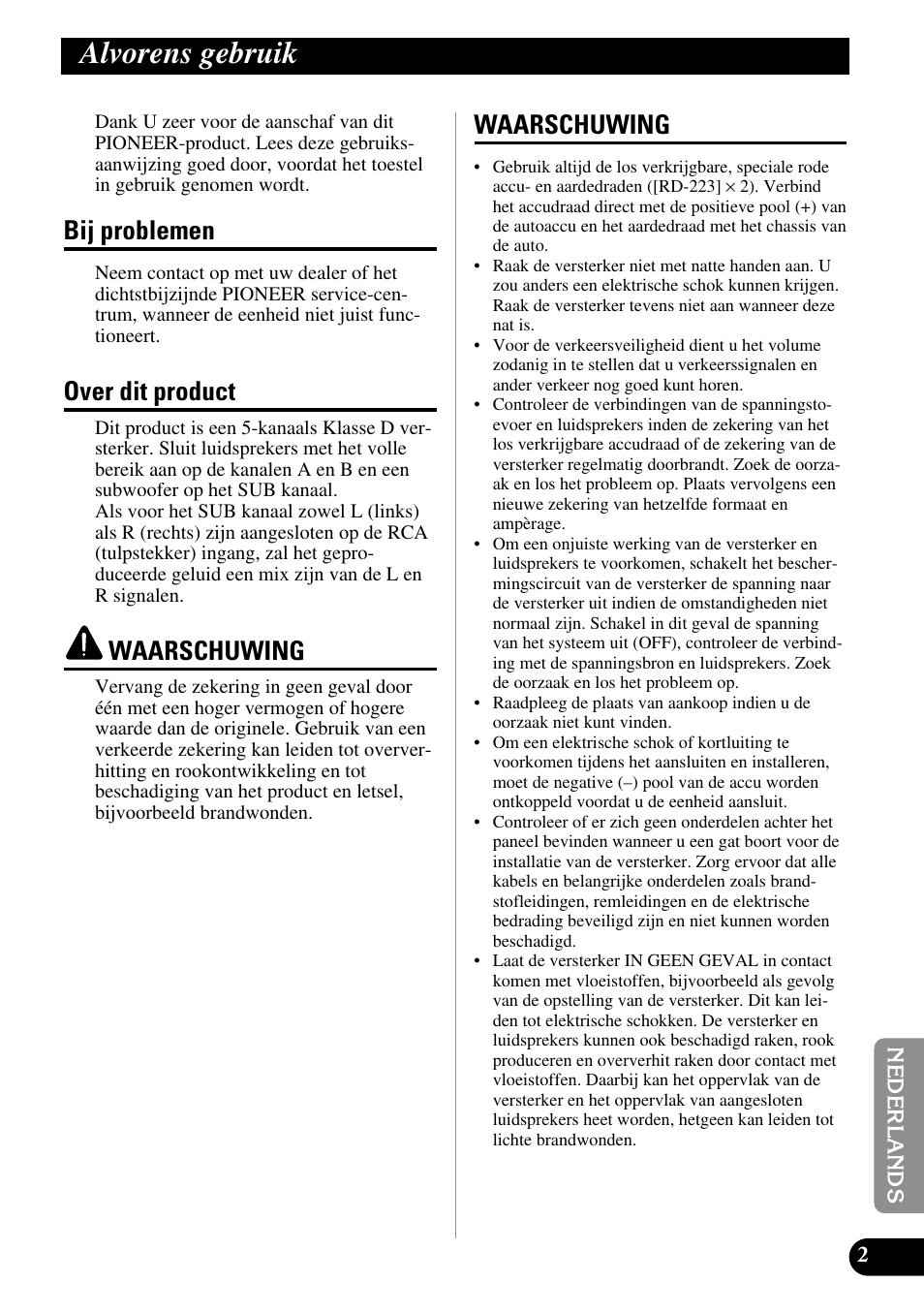 Alvorens gebruik, Bij problemen, Over dit product | Waarschuwing | Pioneer GM-D515 User Manual | Page 63 / 74