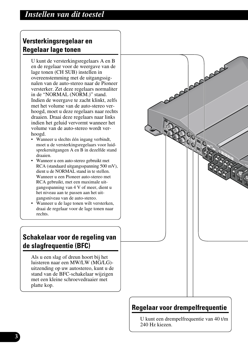 Instellen van dit toestel, Slagfrequentie (bfc), Regelaar voor drempelfrequentie | Versterkingsregelaar en regelaar lage tonen | Pioneer GM-D515 User Manual | Page 64 / 74