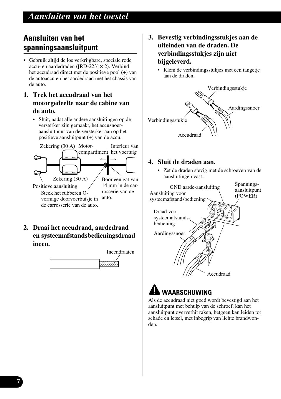 Aansluiten van het spanningsaansluitpunt, Aansluiten van het toestel | Pioneer GM-D515 User Manual | Page 68 / 74