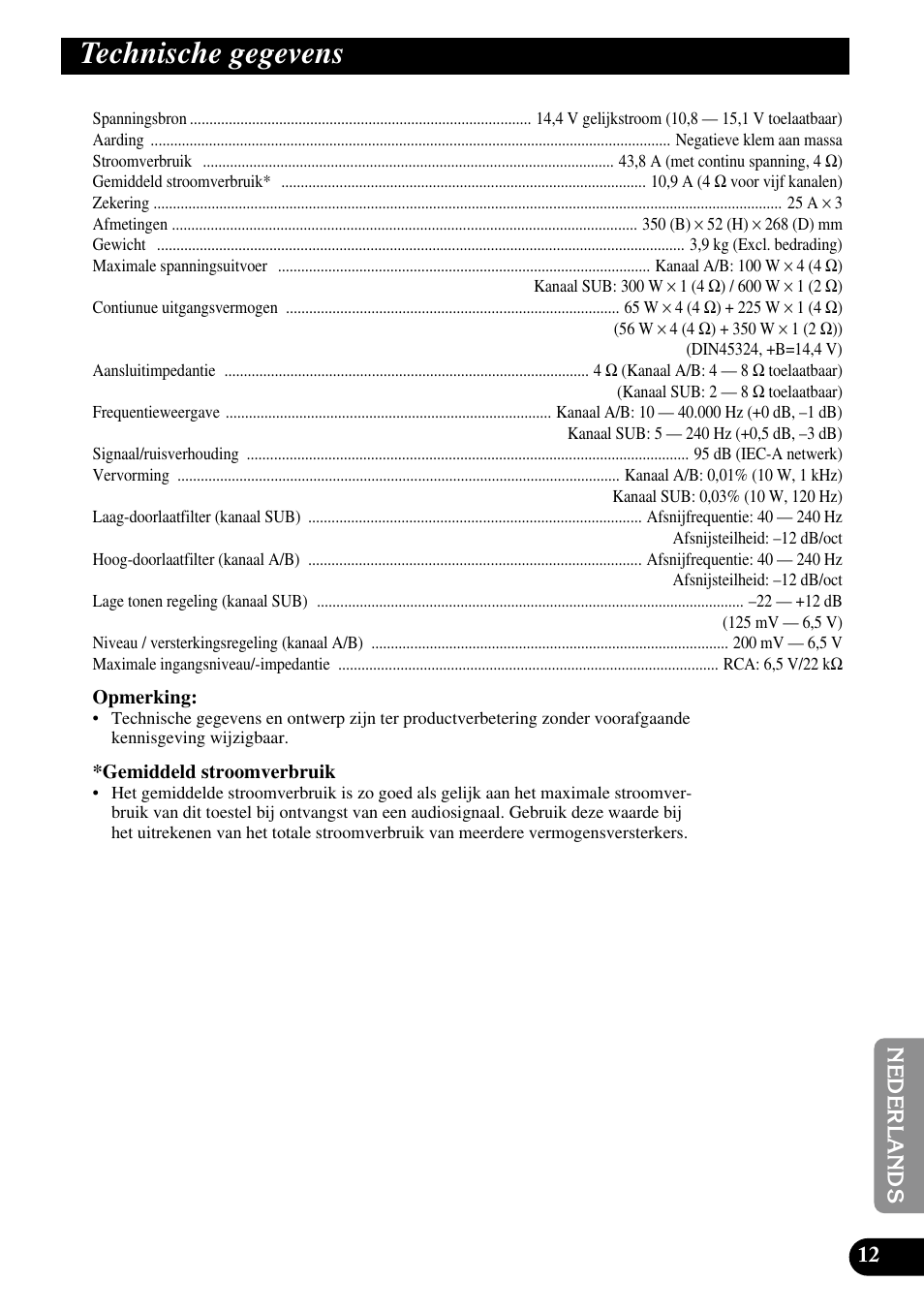 Technische gegevens | Pioneer GM-D515 User Manual | Page 73 / 74