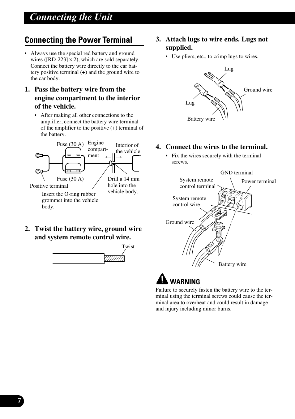 Connecting the power terminal, Connecting the unit | Pioneer GM-D515 User Manual | Page 8 / 74