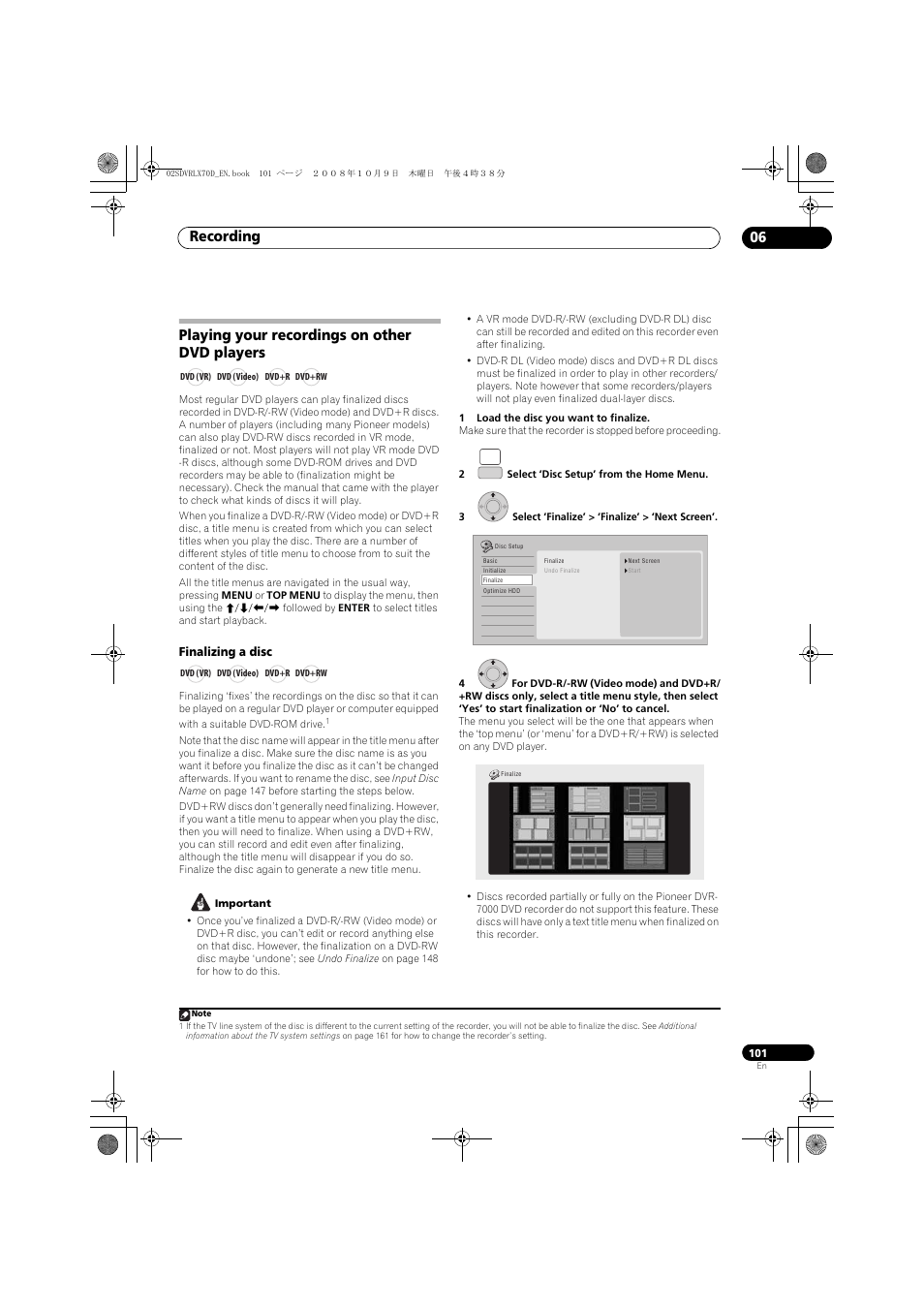 Playing your recordings on other dvd players, Recording 06 | Pioneer LX01 User Manual | Page 101 / 182