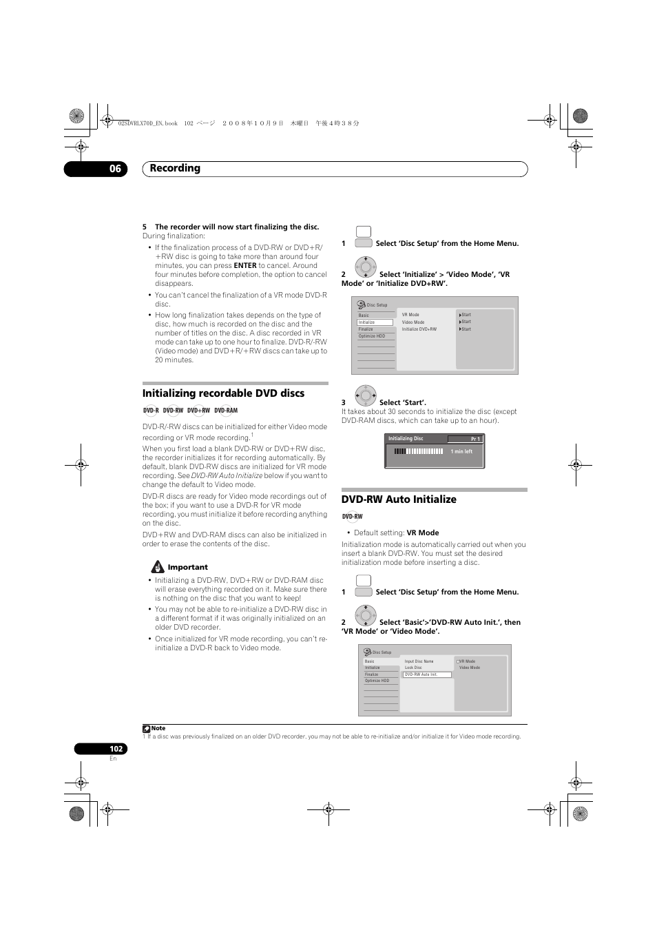 Initializing recordable dvd discs, Dvd-rw auto initialize, Recording 06 | Pioneer LX01 User Manual | Page 102 / 182