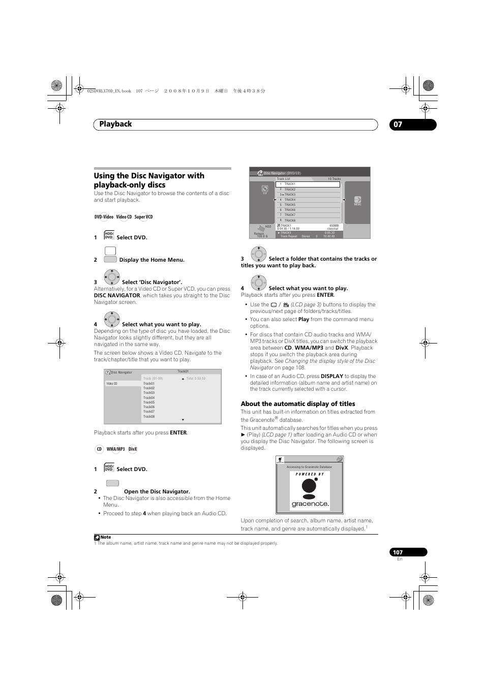 Using the disc navigator with playback-only discs, Playback 07, About the automatic display of titles | Pioneer LX01 User Manual | Page 107 / 182