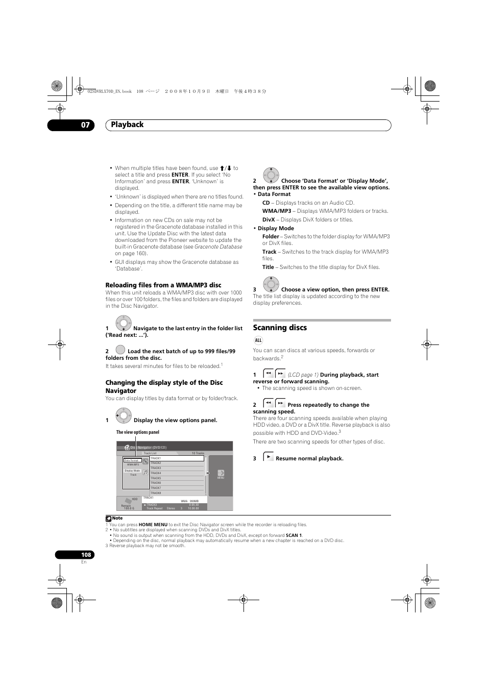 Scanning discs, Playback 07, Reloading files from a wma/mp3 disc | Changing the display style of the disc navigator | Pioneer LX01 User Manual | Page 108 / 182