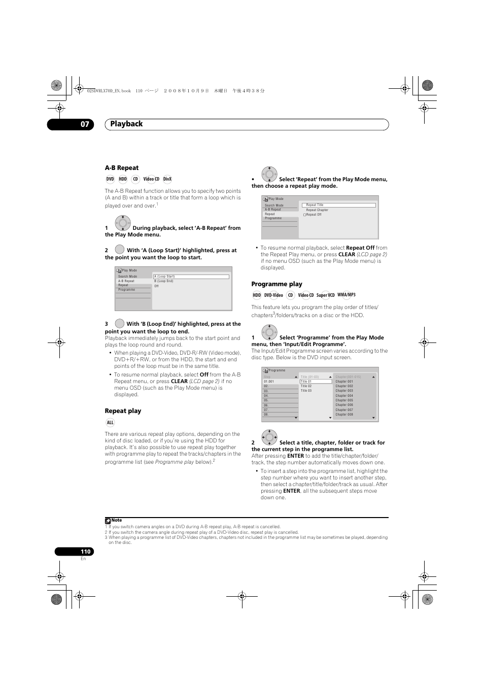 Playback 07, A-b repeat, Repeat play | Programme play | Pioneer LX01 User Manual | Page 110 / 182