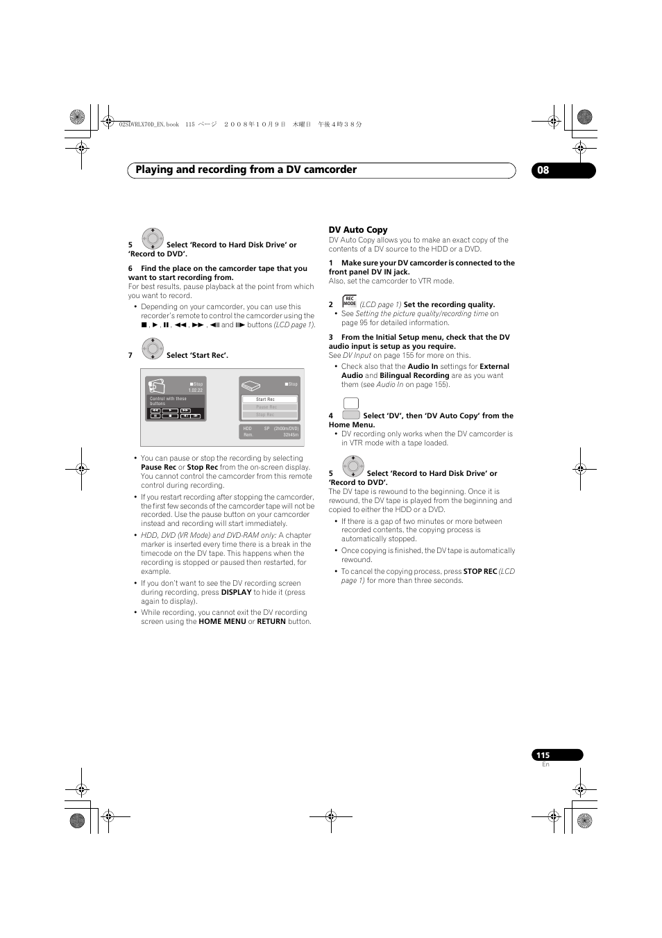 Playing and recording from a dv camcorder 08 | Pioneer LX01 User Manual | Page 115 / 182