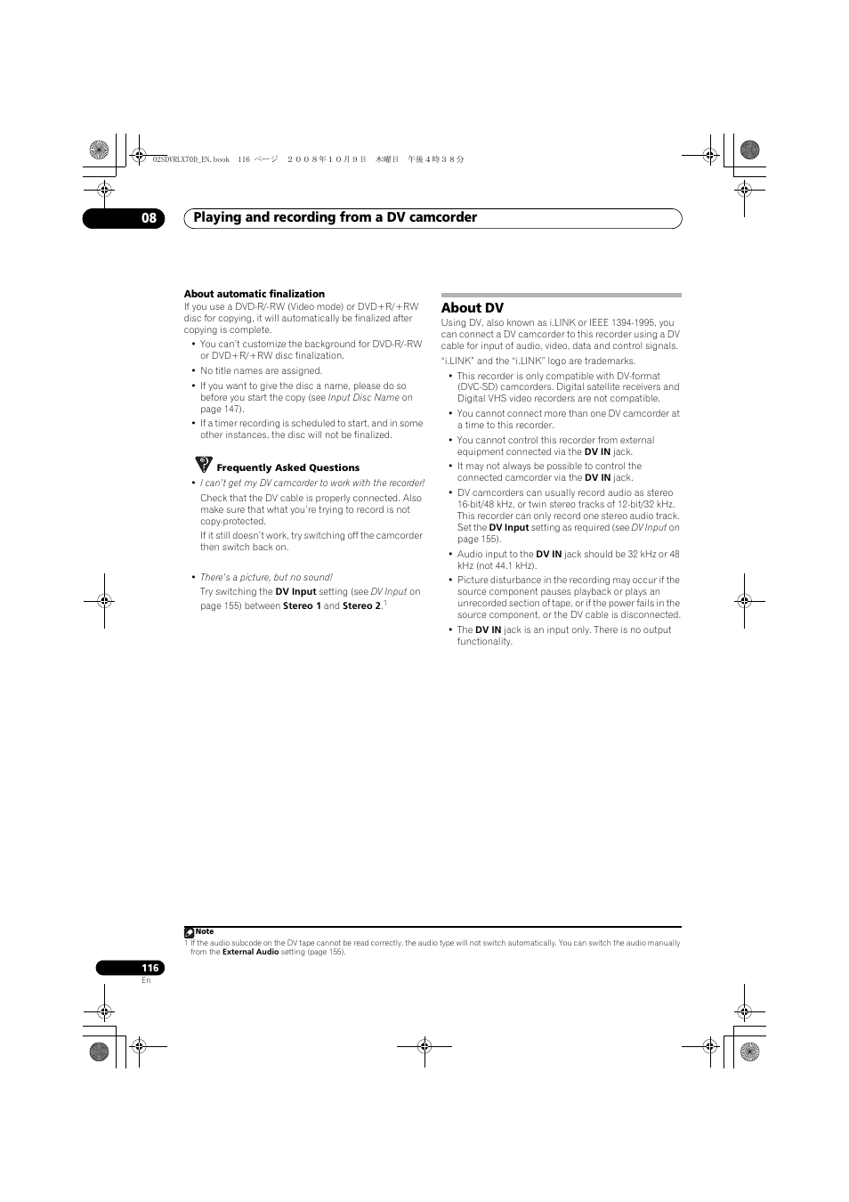 About dv, Playing and recording from a dv camcorder 08 | Pioneer LX01 User Manual | Page 116 / 182