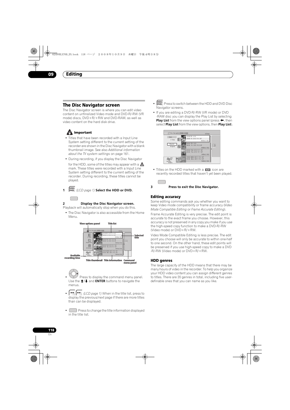 The disc navigator screen, Editing 09, Editing accuracy | Hdd genres | Pioneer LX01 User Manual | Page 118 / 182