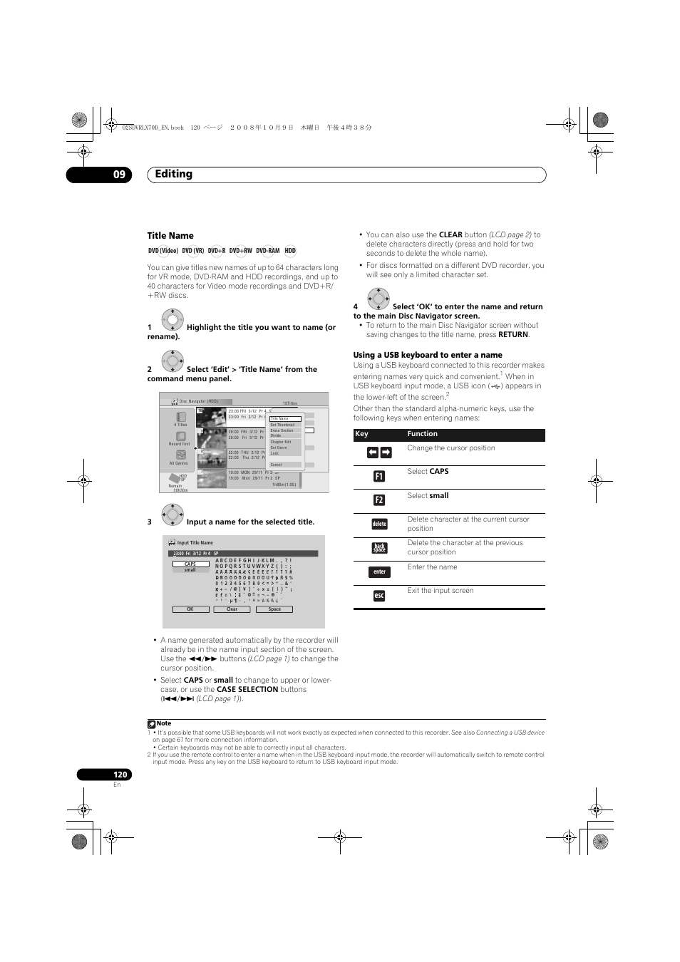 Editing 09, F1 f2, Title name | Pioneer LX01 User Manual | Page 120 / 182