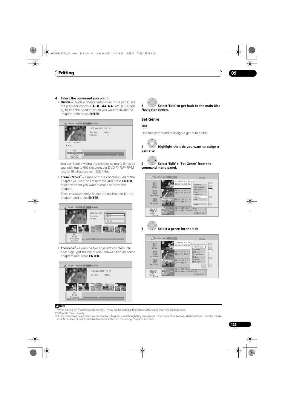 Editing 09, Set genre, Move | Pioneer LX01 User Manual | Page 123 / 182