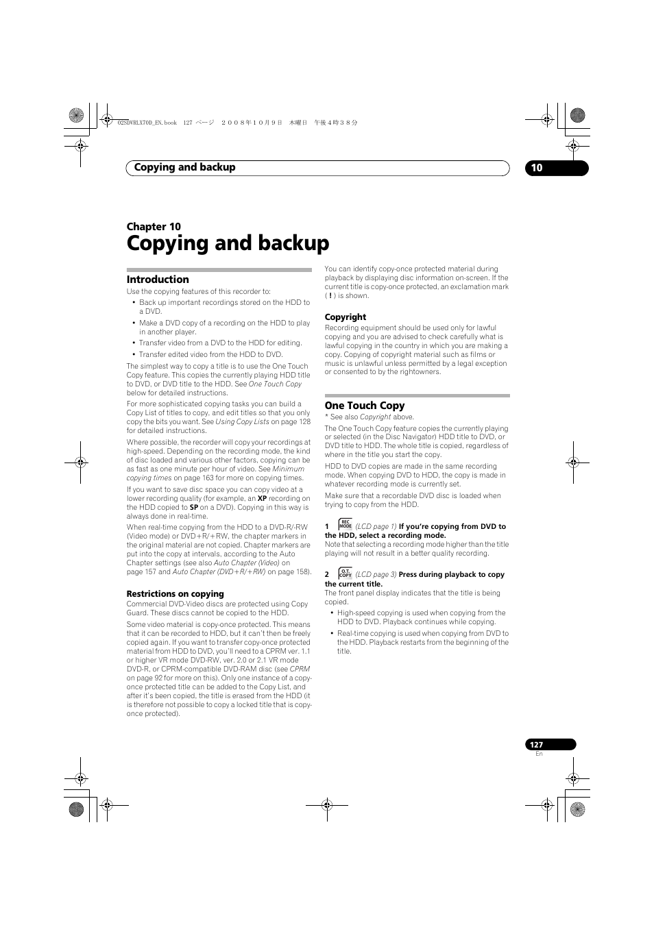 Introduction, One touch copy, Copying and backup | Copying and backup 10, Chapter 10 | Pioneer LX01 User Manual | Page 127 / 182