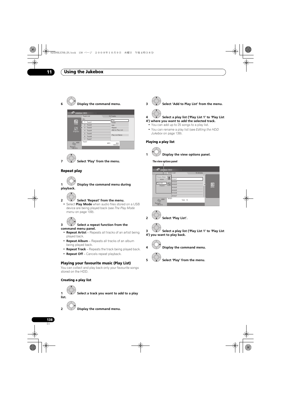 Using the jukebox 11, Repeat play, Playing your favourite music (play list) | Creating a play list, Playing a play list | Pioneer LX01 User Manual | Page 138 / 182