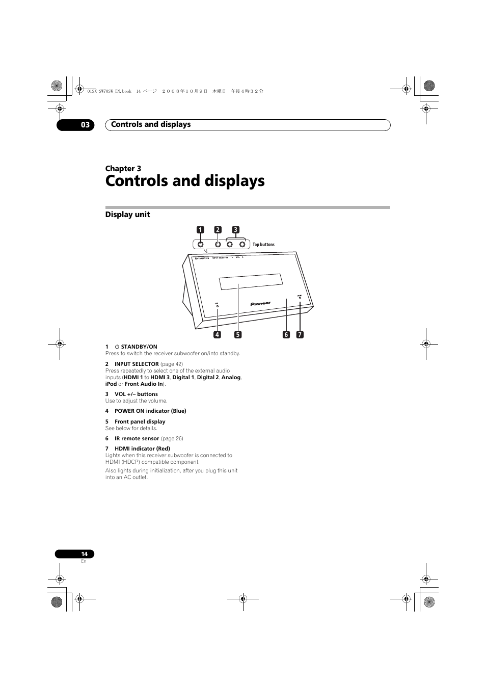 Display unit, Controls and displays, Controls and displays 03 | Chapter 3 | Pioneer LX01 User Manual | Page 14 / 182
