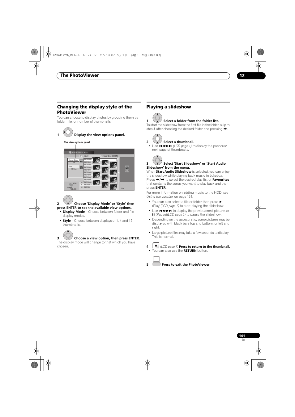 Changing the display style of the photoviewer, Playing a slideshow, The photoviewer 12 | Pioneer LX01 User Manual | Page 141 / 182