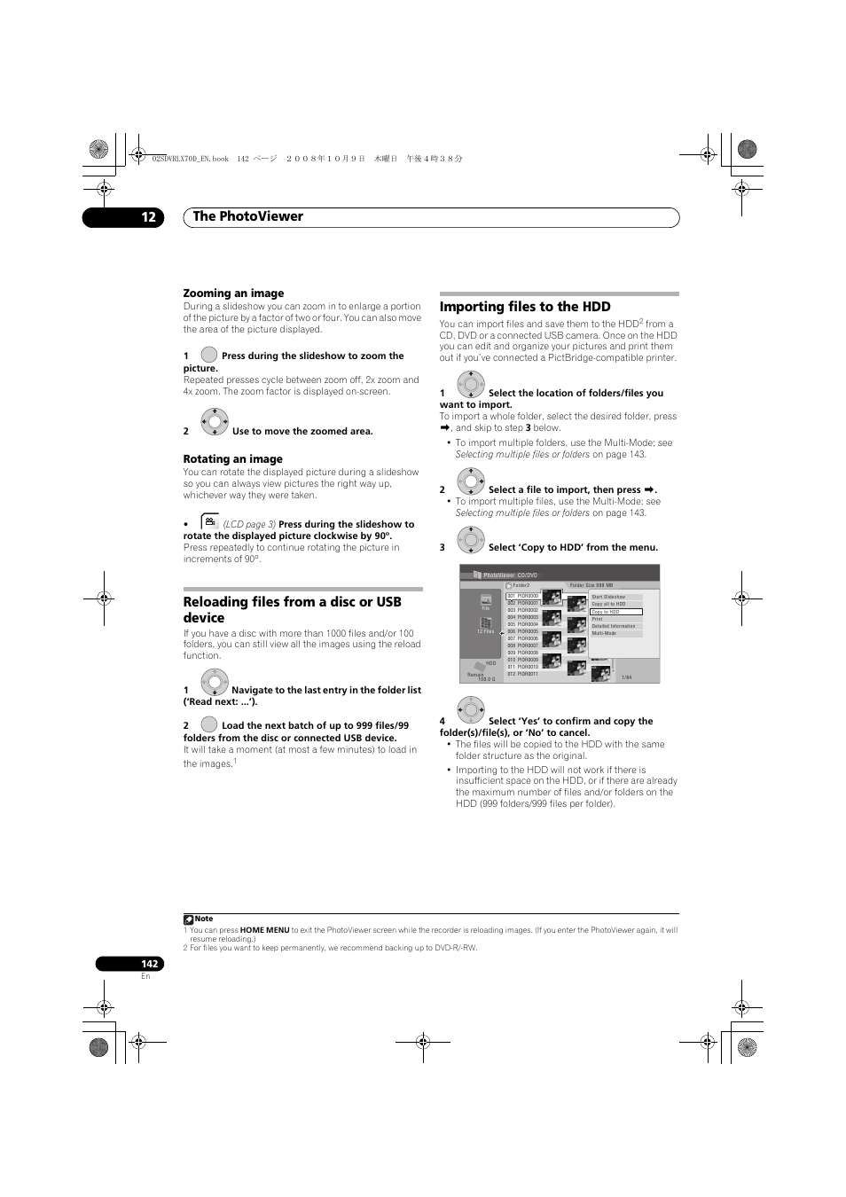 Reloading files from a disc or usb device, Importing files to the hdd, The photoviewer 12 | Zooming an image, Rotating an image | Pioneer LX01 User Manual | Page 142 / 182