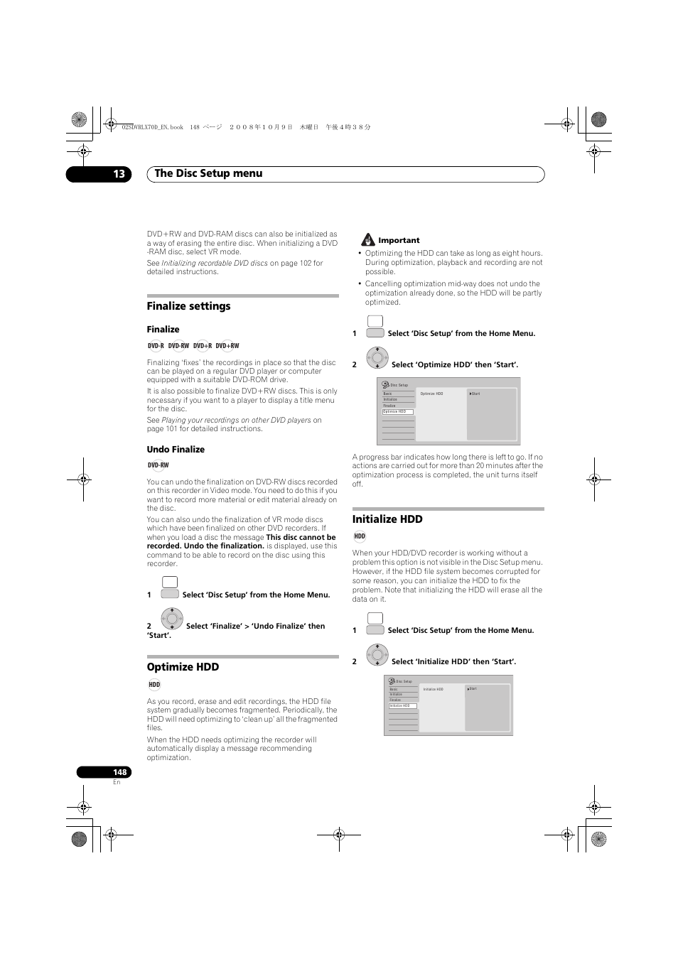 Finalize settings, Optimize hdd, Initialize hdd | The disc setup menu 13, Finalize, Undo finalize | Pioneer LX01 User Manual | Page 148 / 182