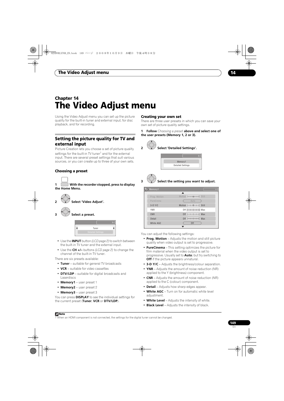The video adjust menu, The video adjust menu 14, Chapter 14 | Pioneer LX01 User Manual | Page 149 / 182