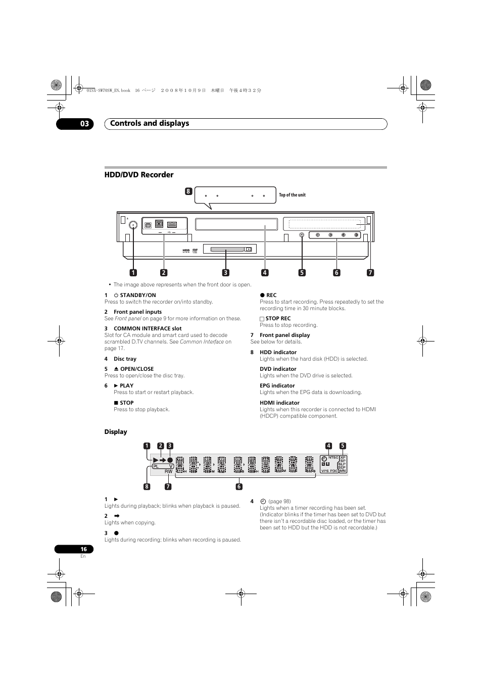 Hdd/dvd recorder, Display, Controls and displays 03 | Pioneer LX01 User Manual | Page 16 / 182