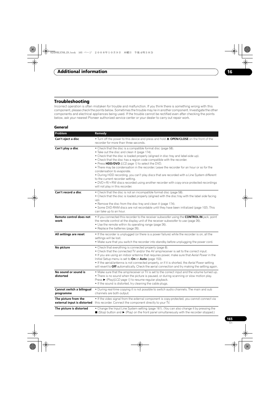 Troubleshooting, Additional information 16 | Pioneer LX01 User Manual | Page 165 / 182