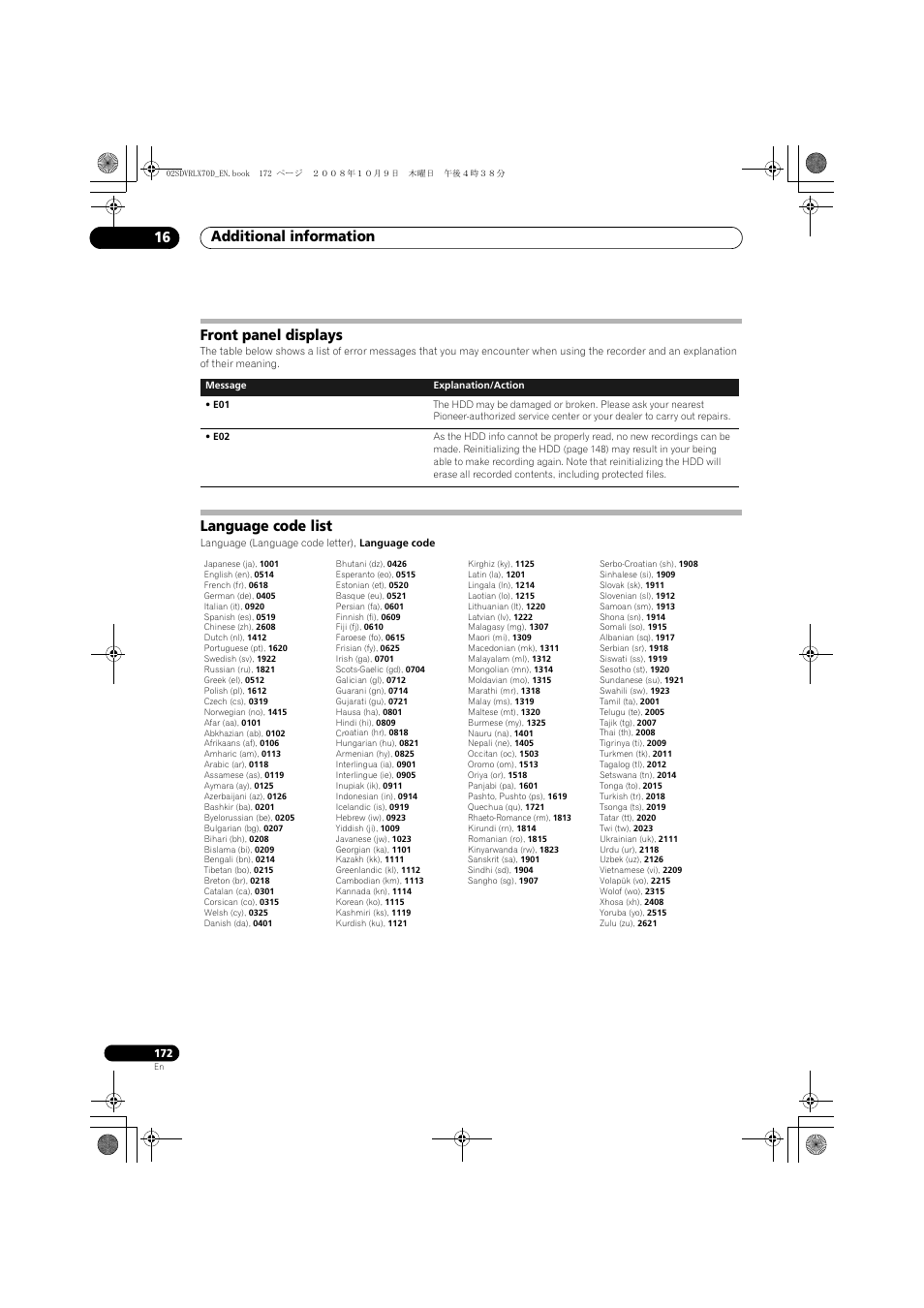 Front panel displays, Language code list, Additional information 16 | Pioneer LX01 User Manual | Page 172 / 182