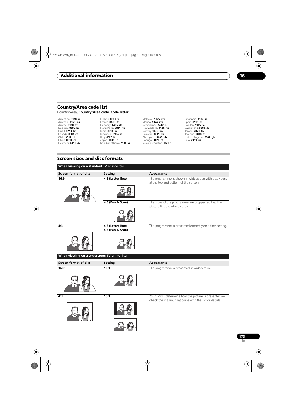 Country/area code list, Screen sizes and disc formats, Additional information 16 | Pioneer LX01 User Manual | Page 173 / 182