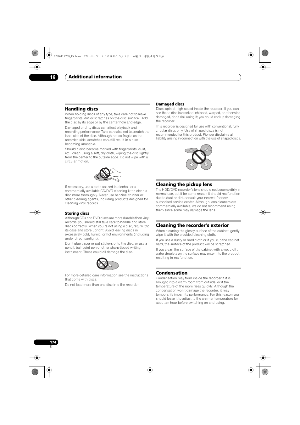 Handling discs, Cleaning the pickup lens, Cleaning the recorder’s exterior | Condensation, Additional information 16 | Pioneer LX01 User Manual | Page 174 / 182