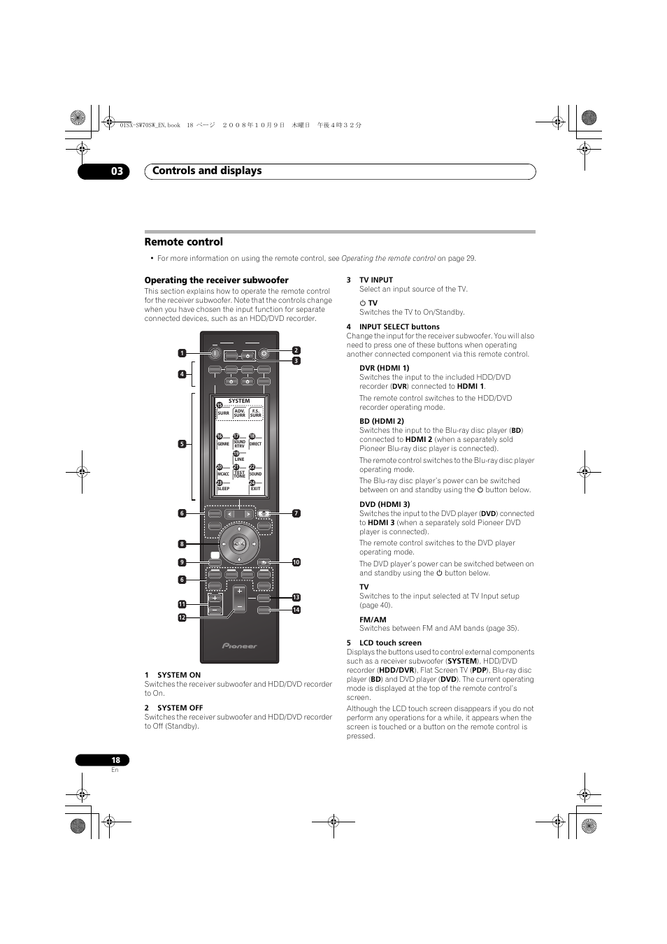 Remote control, Operating the receiver subwoofer, Controls and displays 03 | Pioneer LX01 User Manual | Page 18 / 182