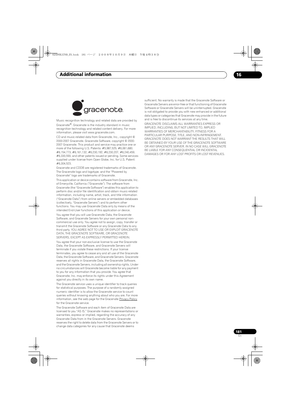 Additional information 16 | Pioneer LX01 User Manual | Page 181 / 182