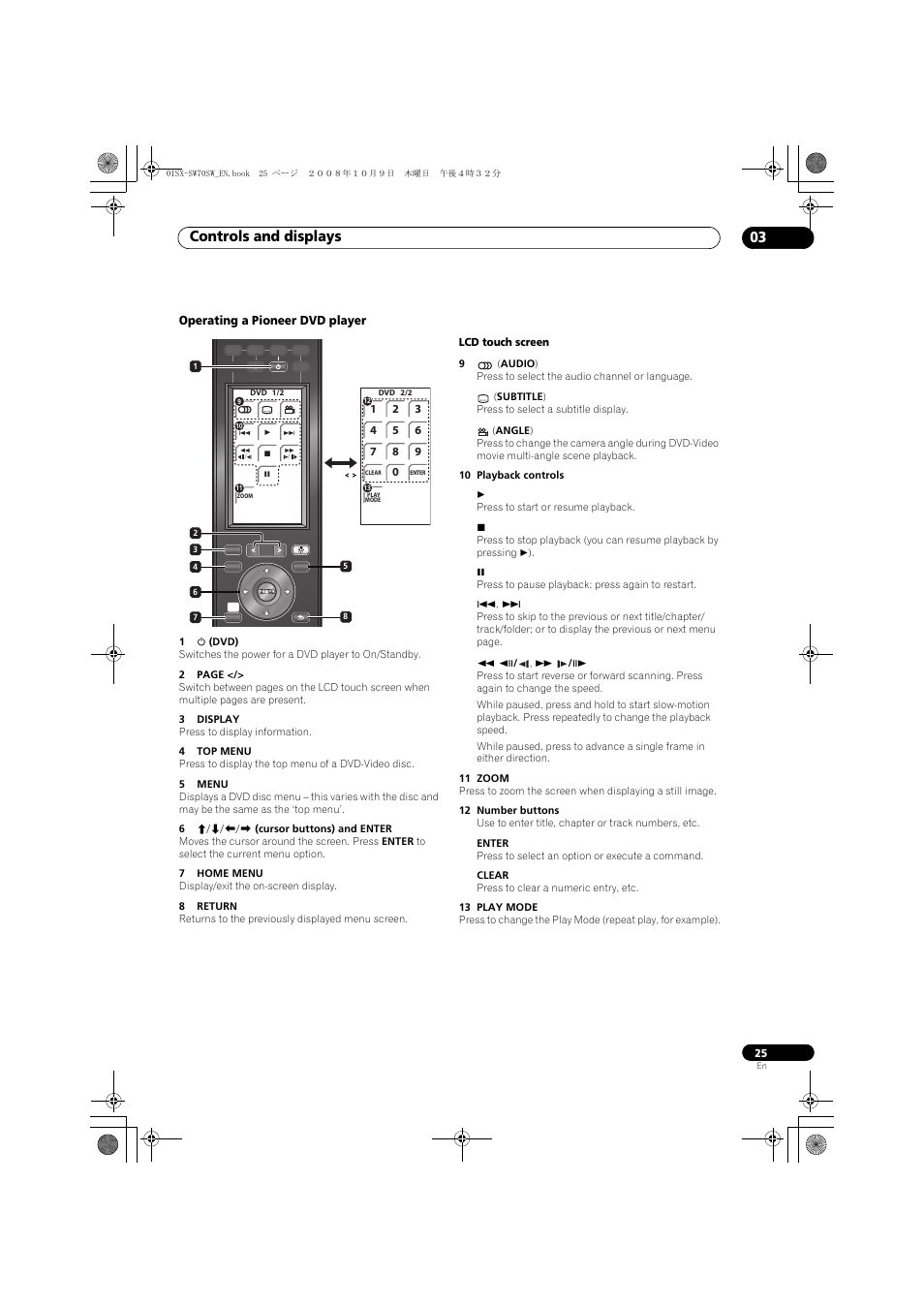 Operating a pioneer dvd player, Controls and displays 03 | Pioneer LX01 User Manual | Page 25 / 182