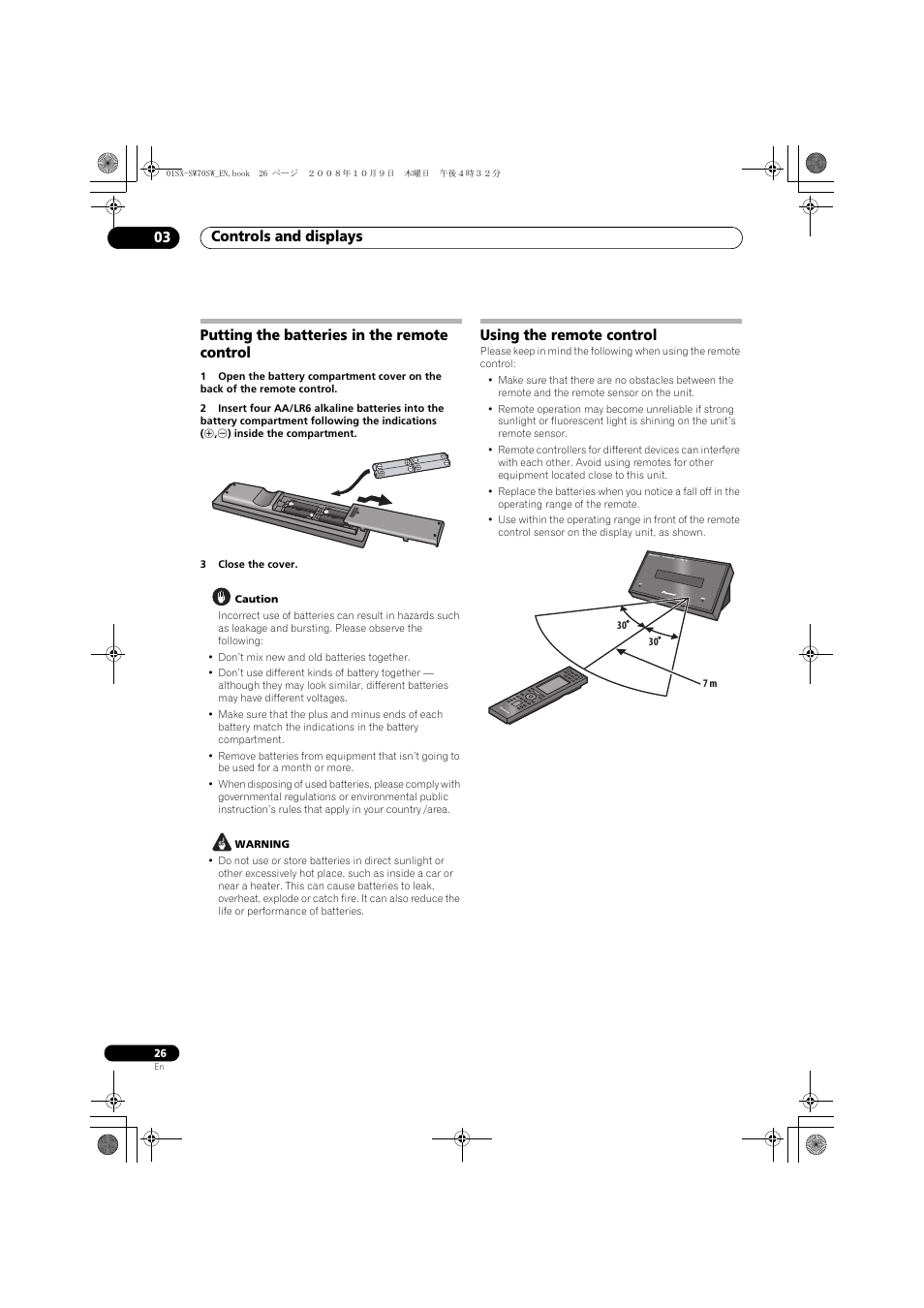 Putting the batteries in the remote control, Using the remote control, Controls and displays 03 | Pioneer LX01 User Manual | Page 26 / 182