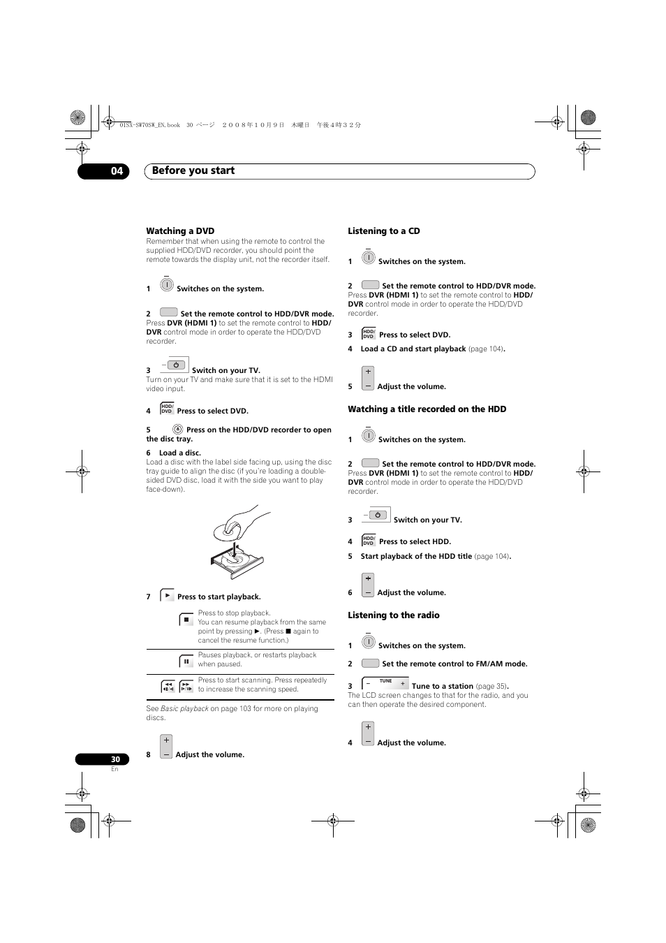 Watching a dvd, Listening to a cd, Watching a title recorded on the hdd | Listening to the radio, Before you start 04 | Pioneer LX01 User Manual | Page 30 / 182