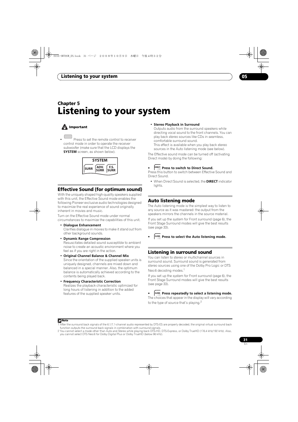 Effective sound (for optimum sound), Auto listening mode, Listening in surround sound | Listening to your system, Listening to your system 05, Chapter 5 | Pioneer LX01 User Manual | Page 31 / 182