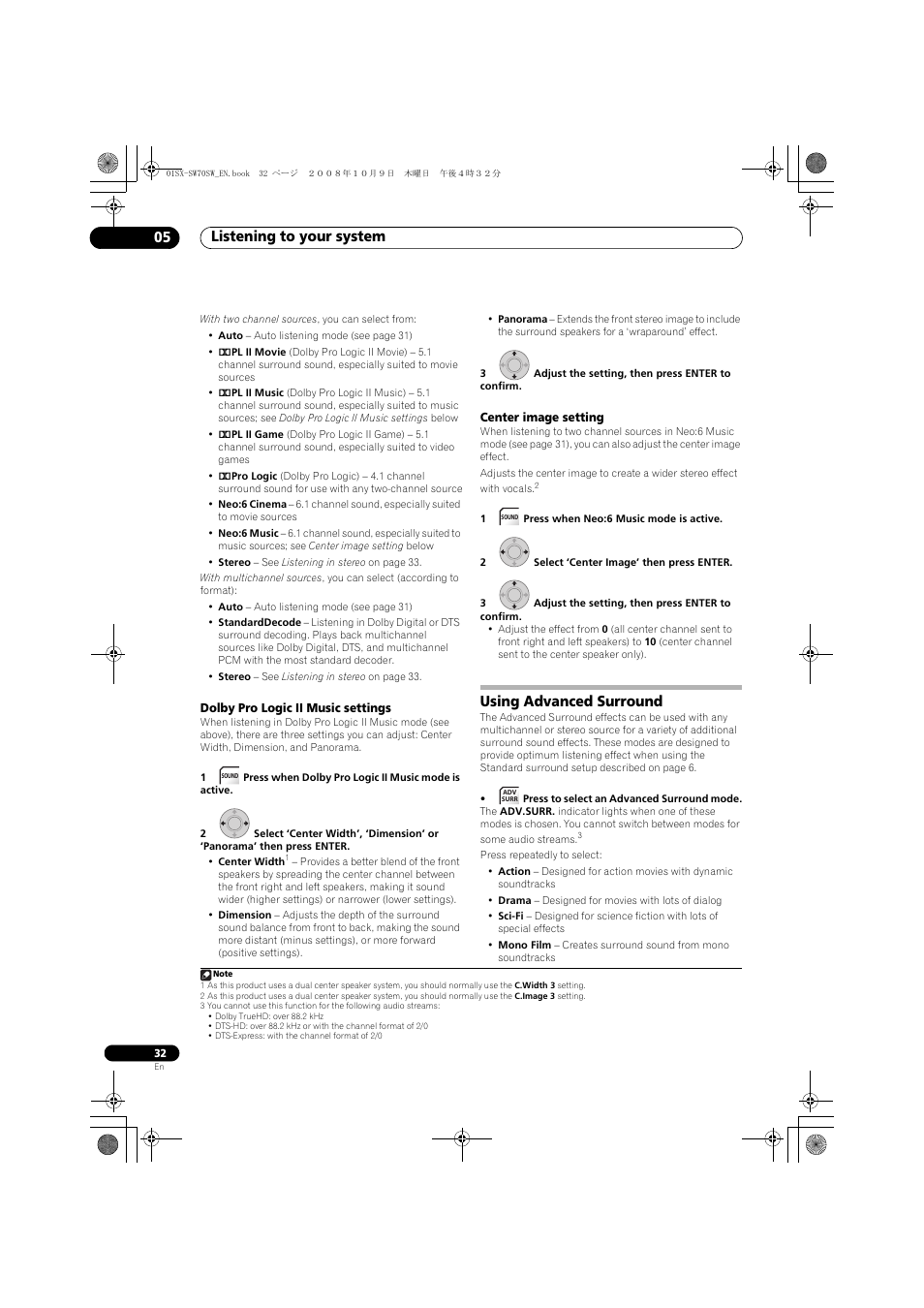 Dolby pro logic ii music settings, Center image setting, Using advanced surround | Listening to your system 05 | Pioneer LX01 User Manual | Page 32 / 182