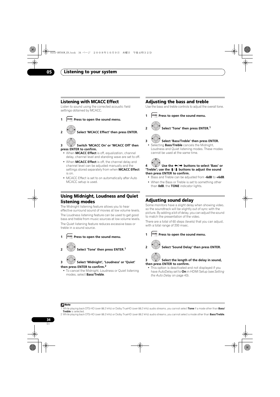 Listening with mcacc effect, Using midnight, loudness and quiet listening modes, Adjusting the bass and treble | Adjusting sound delay, Listening to your system 05 | Pioneer LX01 User Manual | Page 34 / 182