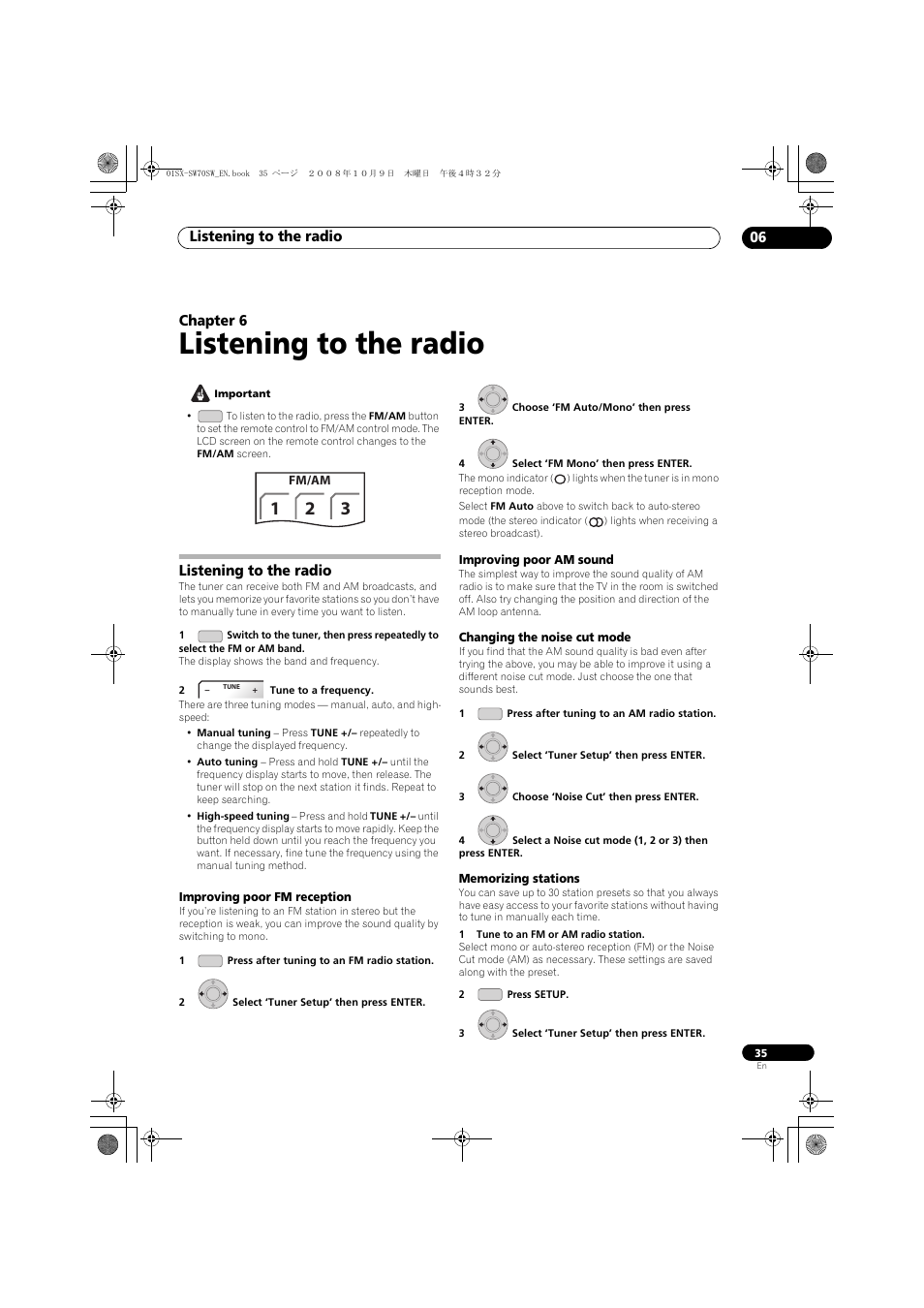 Listening to the radio, Improving poor fm reception, Improving poor am sound | Changing the noise cut mode, Memorizing stations, Listening to the radio 06, Chapter 6 | Pioneer LX01 User Manual | Page 35 / 182