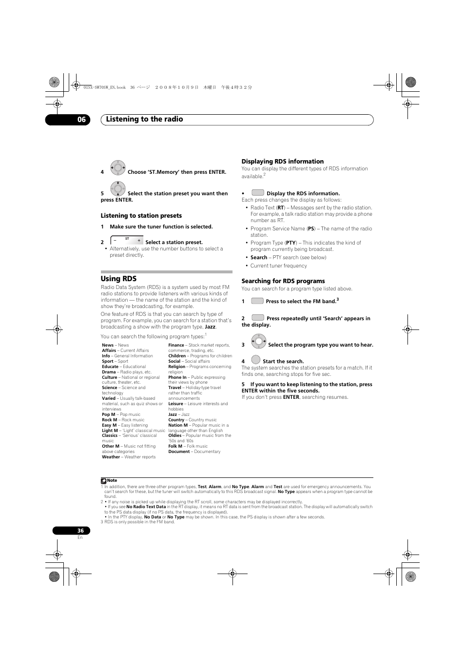 Listening to station presets, Using rds, Displaying rds information | Searching for rds programs, Listening to the radio 06 | Pioneer LX01 User Manual | Page 36 / 182