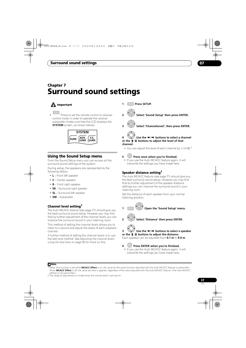 Using the sound setup menu, Channel level setting, Speaker distance setting | Surround sound settings, Surround sound settings 07, Chapter 7 | Pioneer LX01 User Manual | Page 37 / 182