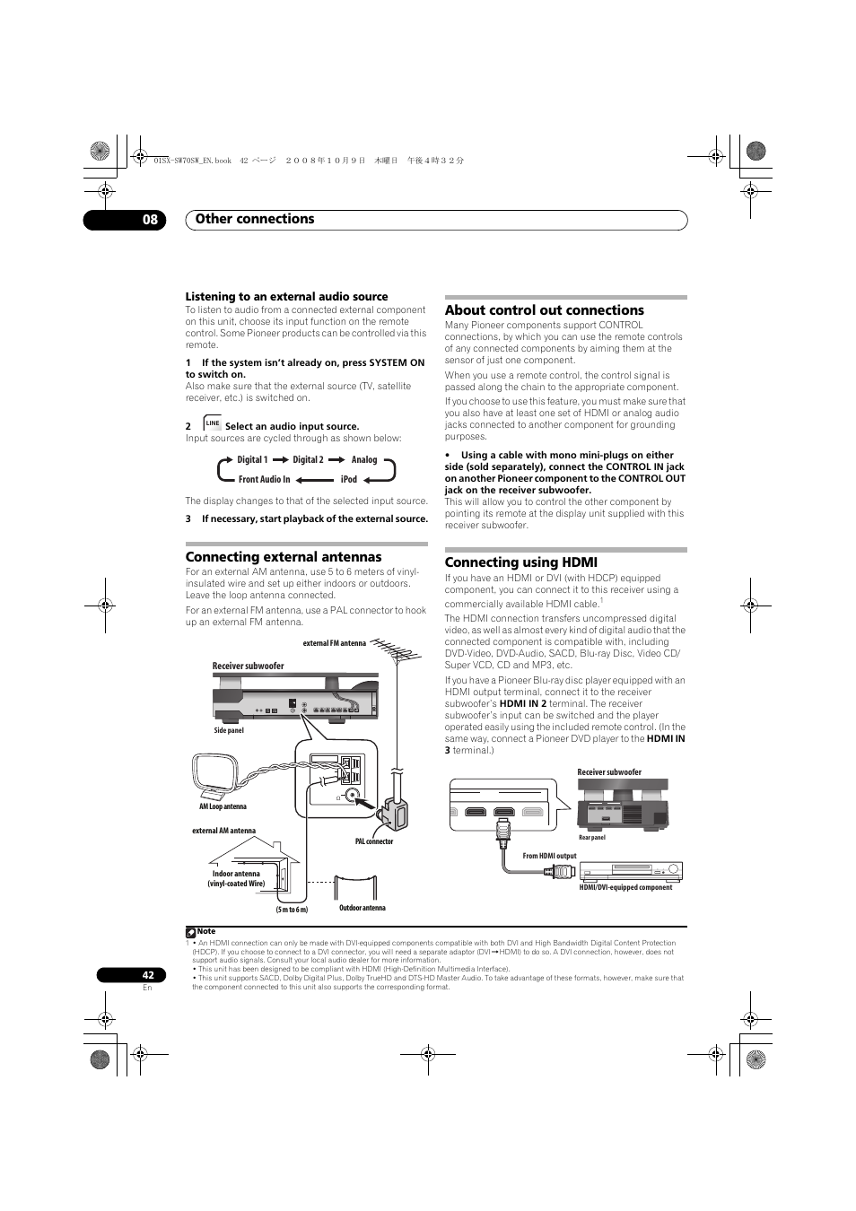 Listening to an external audio source, Connecting external antennas, About control out connections | Connecting using hdmi, Other connections 08, Hdmi out in 3 system in 2 in 1 | Pioneer LX01 User Manual | Page 42 / 182