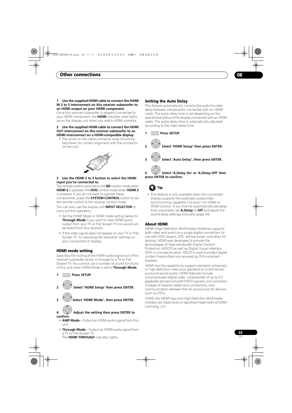 Hdmi mode setting, Setting the auto delay, About hdmi | Other connections 08 | Pioneer LX01 User Manual | Page 43 / 182