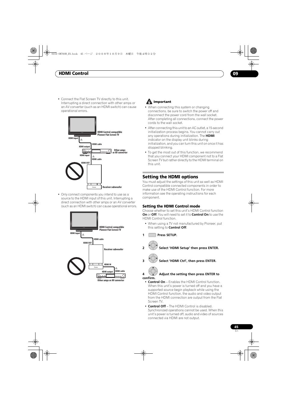 Setting the hdmi options, Setting the hdmi control mode, Hdmi control 09 | Pioneer LX01 User Manual | Page 45 / 182