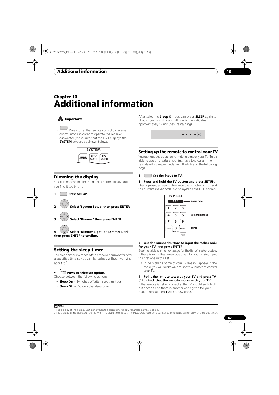 Dimming the display, Setting the sleep timer, Setting up the remote to control your tv | Additional information, Additional information 10, Chapter 10 | Pioneer LX01 User Manual | Page 47 / 182