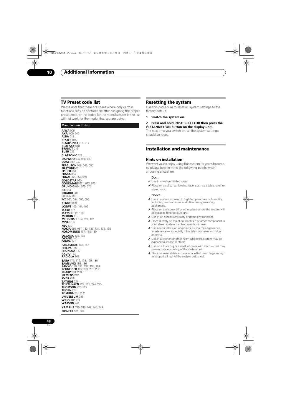 Tv preset code list, Resetting the system, Installation and maintenance | Hints on installation, Additional information 10 | Pioneer LX01 User Manual | Page 48 / 182