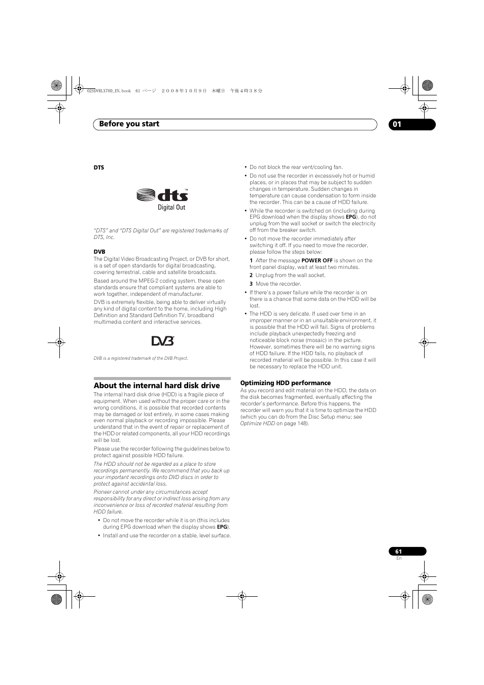 About the internal hard disk drive, Before you start 01 | Pioneer LX01 User Manual | Page 61 / 182