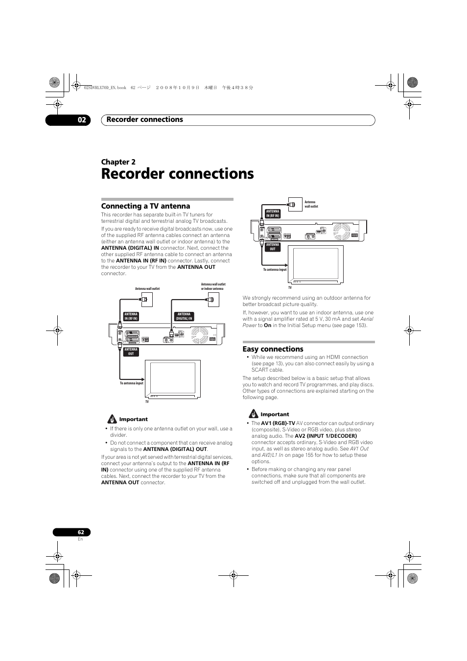 Connecting a tv antenna, Easy connections, Recorder connections | Recorder connections 02, Chapter 2, Coaxial | Pioneer LX01 User Manual | Page 62 / 182